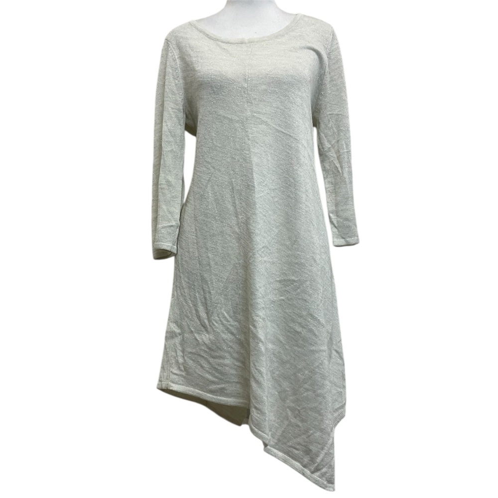 White House Black Market White & Silver Metallic Knit Asymmetrical Tunic Sweater